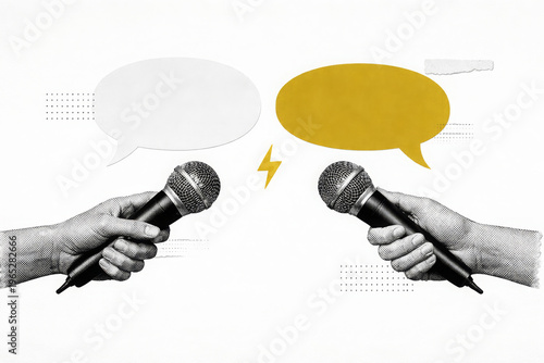 Hand holding microphone with speech bubble during intense debate and communication. Interview podcast with voice discussion and argument creates tense emotional energy