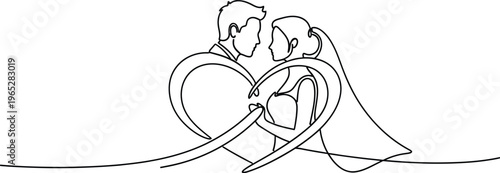 Beautiful continuous line art drawing of a bride and groom embracing, with a flowing heart shape symbolizing their eternal love and wedding union.