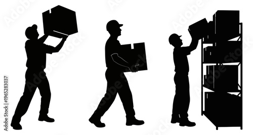 Warehouse Workers Placing Boxes on Shelves Silhouettes Logistics and Delivery Process Minimalist Vector Art