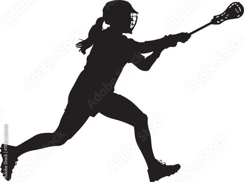 Lacrosse player, woman running, sports silhouette, athletic action, black icon