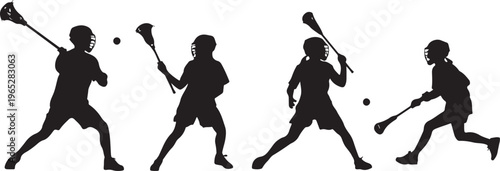 Lacrosse player silhouettes, black lacrosse icons, sports illustrations, athletic vector graphics