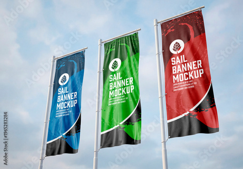 Outdoor flag banners mockup set on poles waving fabric
