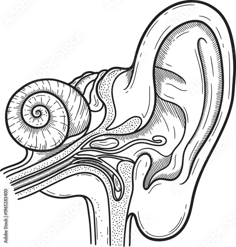 Human Inner Ear Anatomy Cochlea Medical Hand Drawn Line Art