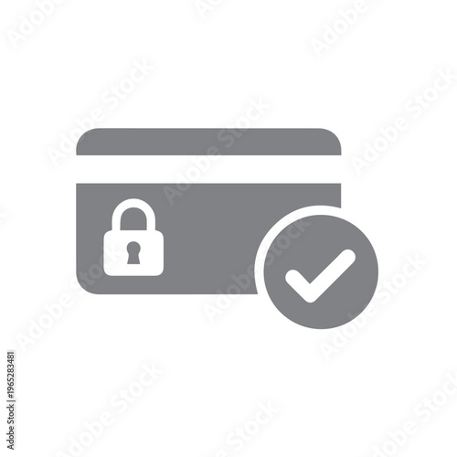 Gray visual representation of a bank card overlaid with a security padlock and a confirmation checkmark insignia.