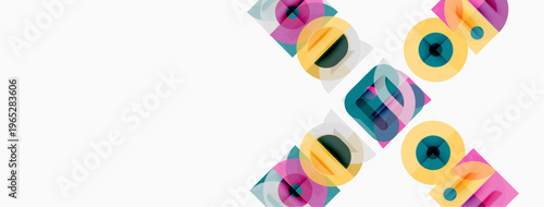 Abstract geometric shapes overlap, creating colorful patterns. Minimalist design with vibrant hues dominates white space.