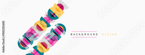 Colorful abstract shapes overlap white space. Text reads background design in upper case. Minimalist aesthetic, vibrant hues present.