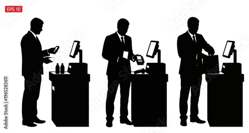 Businessman Scanning Items at Retail Checkout Counter Silhouette Minimalist Style