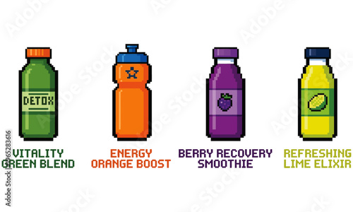 Digital pixel art illustration of various health and wellness drinks in vibrant bottles, representing refreshing blends for energy, detox, and recovery