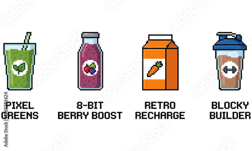 Pixel Art Icons Representing Healthy Drinks for a Balanced Lifestyle and Fitness Regimen