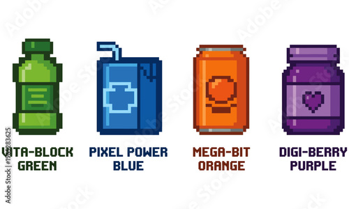 Pixel art beverage bottles and cans featuring healthy fruit and energy drink flavors