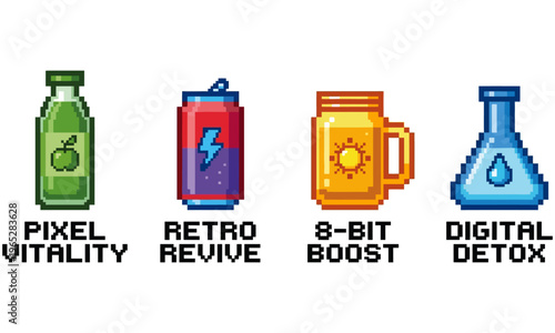 A delightful set of four pixel art drink illustrations, embodying concepts like digital vitality, retro revival, and a refreshing detox for gaming-inspired visuals