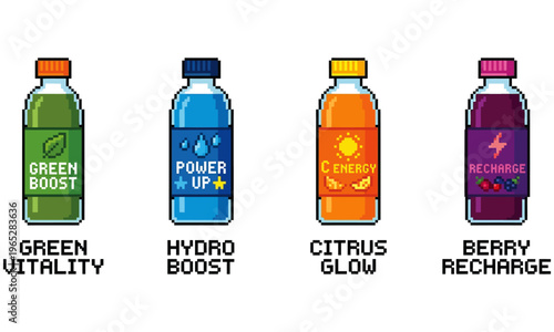 Colorful pixel art set of health and energy drink bottles, each representing a unique wellness benefit with distinct icons and vibrant color schemes for vitality and refreshment