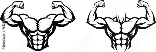 Bodybuilder flexing biceps muscles, gym workout and fitness motivation for sports and exercise.