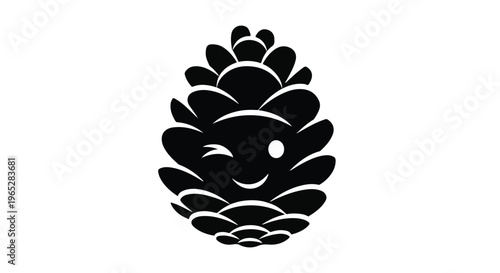 Cute winking cartoon pinecone character is rendered in solid black silhouette style.