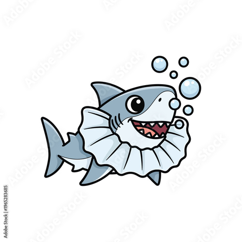 A cartoon-style illustration of a smiling shark wearing a frilly collar with three bubbles floating above. The background is pure white