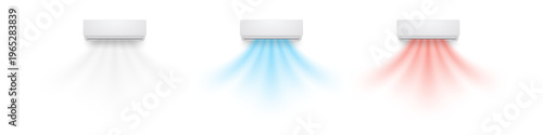 Air conditioner airflow modes shown with neutral, blue, and red streams from three wall units. Image highlights cooling, ventilation, and heating functions. Modern vector illustration.