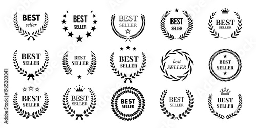 Award laurel wreath best seller icons set. Black badges with stars crowns and leaf frames isolated on white background for labels branding and marketing. Elegant monochrome vector illustration.