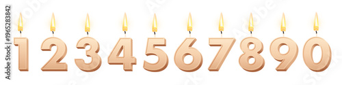 Birthday candles set for anniversary cake vector illustration. 3D realistic beige wax numbers with fire, burning numeral figures with candlelight on pink background for invitation, greeting card.