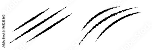 Black claw scratch marks with torn edges. Wild animal slash traces showing sharp nail damage. Design element for horror, fantasy, mystery, Halloween. Realistic vector illustrations set.