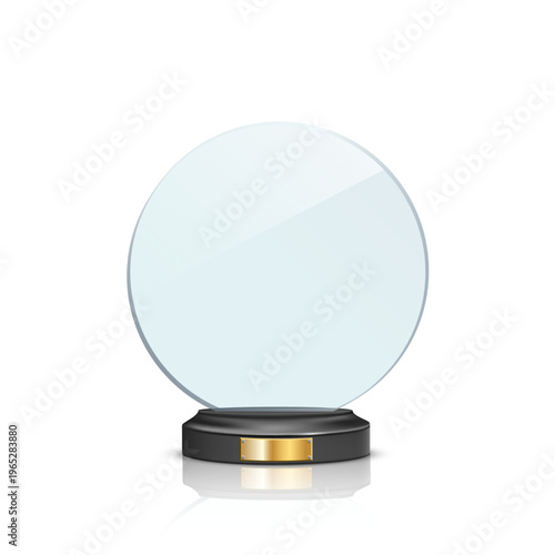 Glass award trophy. Circle crystal winner prize. Acrylic winner cup. Realistic vector illustration of trophy for sport competition, business achievement, recognition, celebration ceremony.