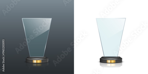 Glass award trophy set. Crystal winner prizes. Acrylic winner cups. Realistic vector illustration collection of trophy for sport competition, business achievement, recognition, celebration ceremony.