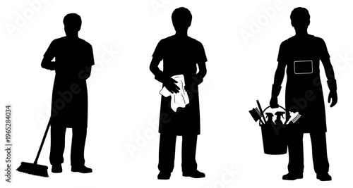 Cleaning Professionals Silhouettes with Tools and Aprons on White Background