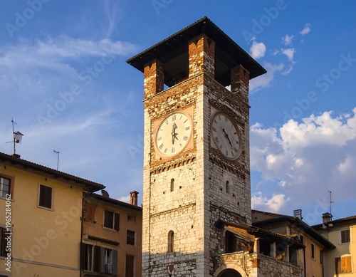 Ancient stone clock tower in a small town