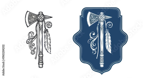 Native American Tomahawk Axe with Feathers and Ornate Design