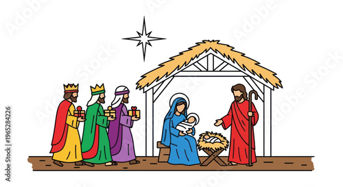 Nativity Scene: Three Wise Men visit Baby Jesus in Manger with Mary and Joseph