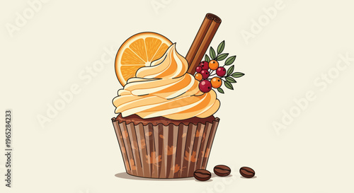 Orange Cream Cupcake with Cinnamon Stick and Berries