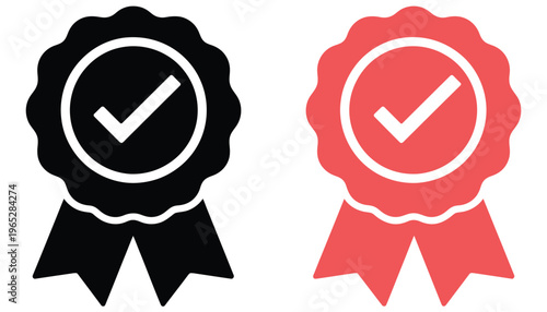 Award, badge icon set featuring verified rosette with check mark symbols in black and green styles, representing quality, approval, and certification, modern flat vector