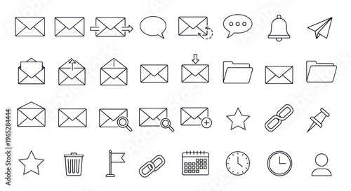 Email Icons Set: Communication, Message, Inbox, Outbox, Folder, Bell, Paper Plane, Star
