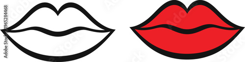 Two lip illustrations one outlined in black and the other filled with red color, both on a transparent background.