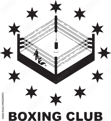 Boxing ring, boxing club, sports icon, vector illustration, black and white