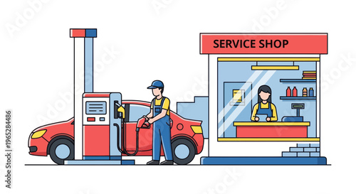 Gas Station Worker Refueling Car Near Service Shop with Attendant