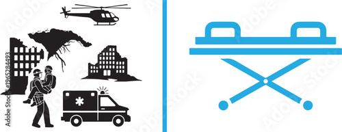 A dual-panel vector graphic showing disaster relief efforts with an ambulance, helicopter, and rescue worker, alongside a blue medical gurney icon. Ideal for emergency response themes.