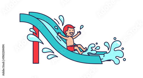 Happy Boy Sliding Down Water Slide at Water Park Fun