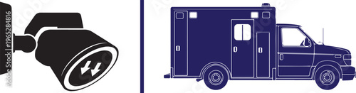 Flat vector icons featuring a black surveillance security camera and a blue emergency ambulance vehicle, representing public safety, medical response, and monitoring systems.