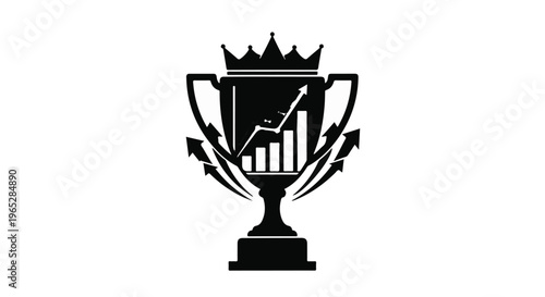 Trophy cup with a crown and growing bar graph symbolizes business success.