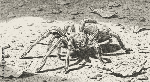 Detailed Illustration of a Large Tarantula Spider on Ground Surface