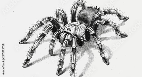 Detailed Black and White Tarantula Illustration with Hairy Legs and Shadow