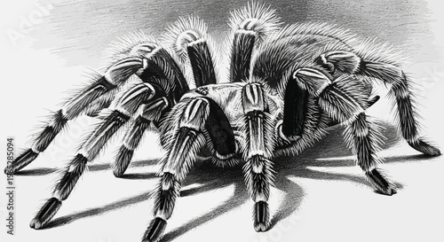 Detailed Black and White Tarantula Illustration with Hairy Legs