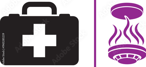 A dual-panel vector graphic featuring a black first aid kit and a purple smoke detector with wavy lines, separated by a purple vertical line. Ideal for safety and emergency preparedness themes.