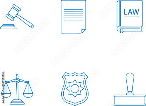 Law and Justice Icons: Gavel, Scales, Book, Badge, Document, Stamp
