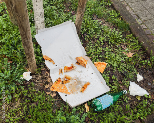 Discarded pizza slices in open cardboard box lying on grass near sidewalk with plastic bottle and litter showing urban waste pollution and careless food disposal