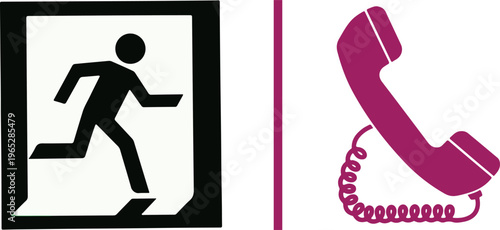 Flat vector icons of a black emergency exit sign and a purple landline telephone handset, representing safety procedures, emergency communication, and public building evacuation protocols.