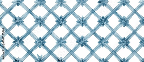 A delicate watercolor pattern with intersecting blue lines and floral motifs. White background enhances the design's elegance and symmetry.