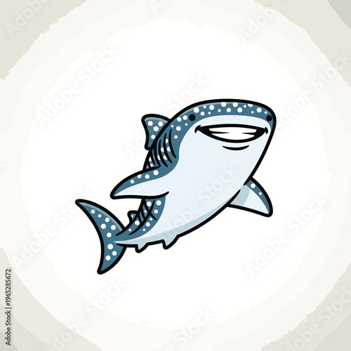 A cartoon-style illustration of a smiling shark with white spots, positioned at a slight angle. The shark is on a off-white background with a rough, circular border