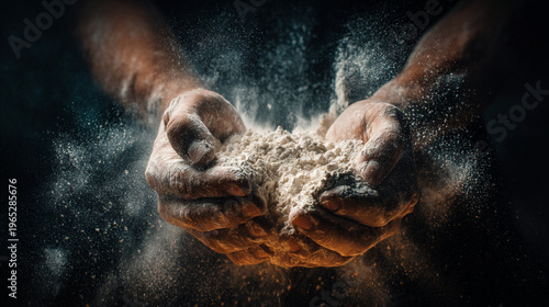 A person is kneading dough with hands covered in flour in a close-up view