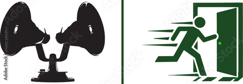 Flat vector icons featuring a black dual-horn siren and a green emergency exit sign, representing public safety, emergency alerts, building security, and evacuation procedures.